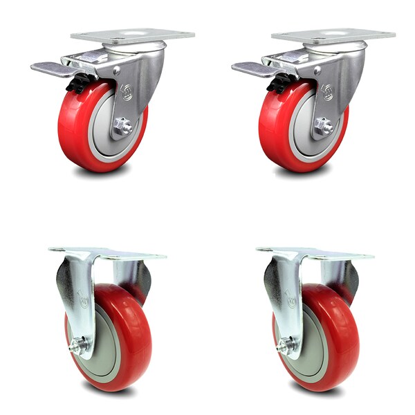 4 Inch Red Polyurethane Swivel Top Plate Caster Lock Brakes 2 Rigid SCC, 2PK